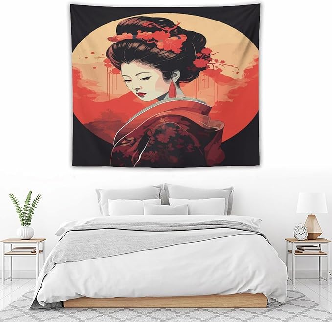 Japanese Woman Geisha Tapestry Asian Cherry Blossom Red Sun Traditional Kimono Folk Tapestries Home Decor for Living Room Bedroom Apartment Farmhouse Dorm 60"x50"