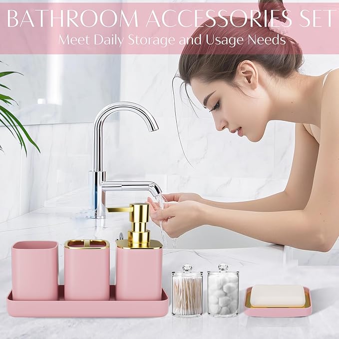 9PCS Bathroom Accessory Set, Pink Bathroom Set with Large-Capacity 4 Gallon Trash Can, Bathroom Accessories Set Complete, Toothbrush Holder, Soap Dispenser, Toilet Brush, Bathroom Decor