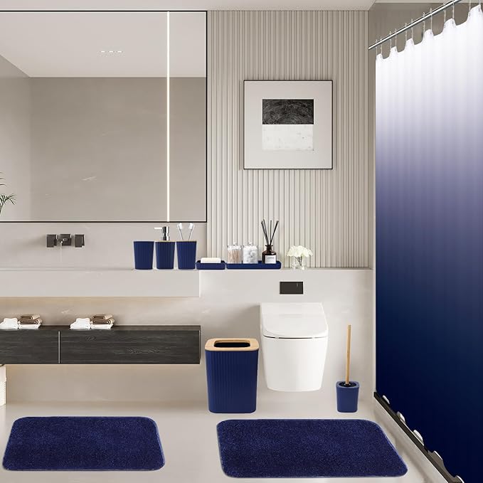 Bathroom Accessory Set–Bathroom Sets with Shower Curtain and Rugs, No Slip Bathroom Rugs Super Absorbent, Blue Ombre Water-Proof Shower Curtain with Hooks, Blue Bathroom Sets Complete for Home