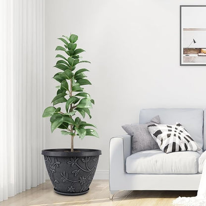 4 Pack 8 Inch Flower Pots for Outdoor Indoor, Plastic Plant Pots with Drainage Hole & Saucer, Lightweight Small Resin Flower Pot, Imitation Magnolia Pots for Garden House planters（Gray）