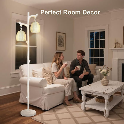 Scenekoy Rustic 68” Tall Floor Lamp with Rattan Shade, Retro Standing Lamp Tree Trunk Washed White Finish & Resin Body, Dimmable Corner Lamp with Bulb Prefer for Living Room Bedroom Home Decor