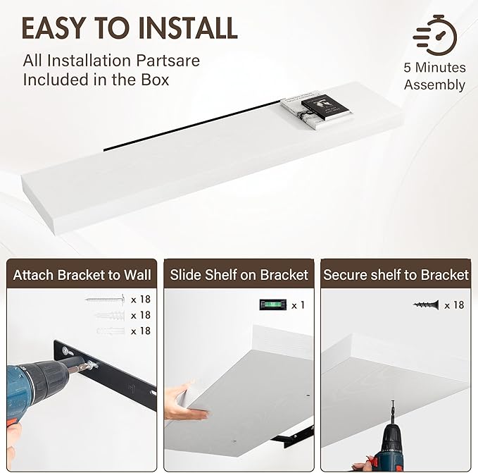 55 Inch Floating Shelves, 12" Deep Floating Shelf Wall Mounted, 55" Wall Shelves, Rustic Deep Bookshelf, Extra Deeper & Thicker Display Shelves for Bedroom, Living Room, White, Set of 2