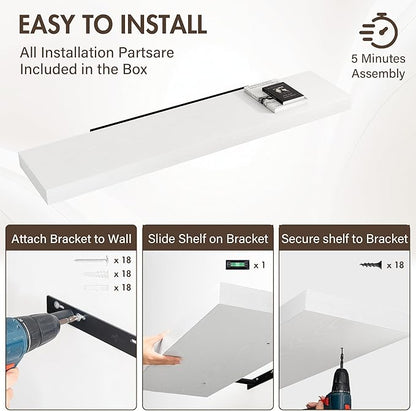 55 Inch Floating Shelves, 12" Deep Floating Shelf Wall Mounted, 55" Wall Shelves, Rustic Deep Bookshelf, Extra Deeper & Thicker Display Shelves for Bedroom, Living Room, White, Set of 2