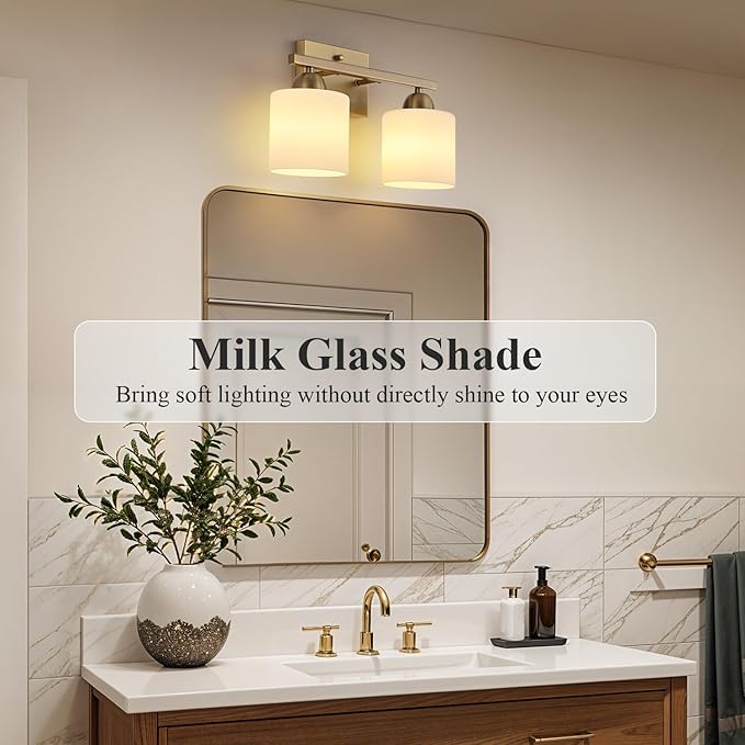 Stainless Steel Milk Glass Vanity Lights for Bathroom, 2 Light Brass Bathroom Light Fixtures Over Mirror, Ceramic E26 Sockets Wall Mounted