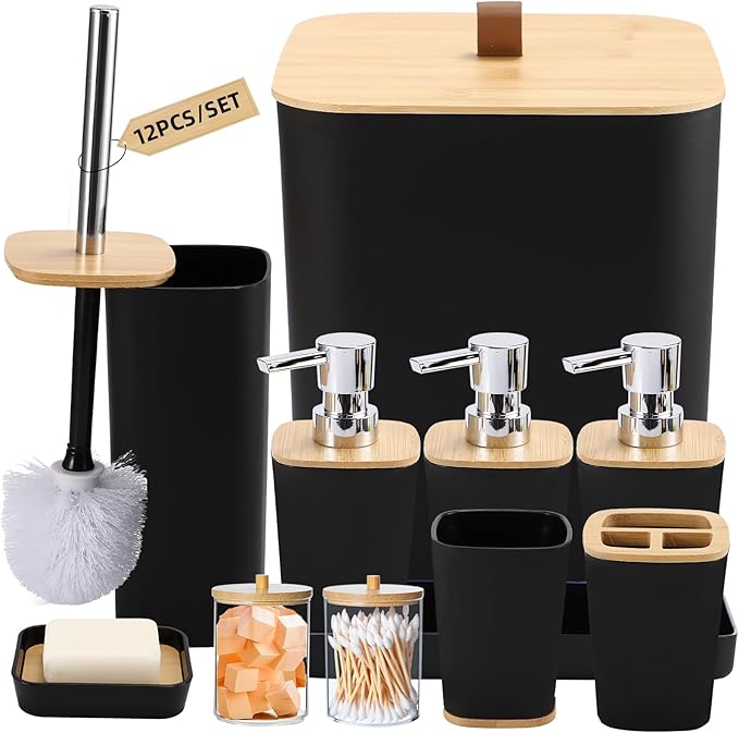 Black Bathroom Accessories, Bathroom Accessories Set with Trash Can, Soap Dispenser, Toothbrush Holder, Toothbrush Cup, Soap Dish, Toilet Brush, Tray and Q-tip Holders for Housewarming