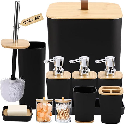 Black Bathroom Accessories, Bathroom Accessories Set with Trash Can, Soap Dispenser, Toothbrush Holder, Toothbrush Cup, Soap Dish, Toilet Brush, Tray and Q-tip Holders for Housewarming
