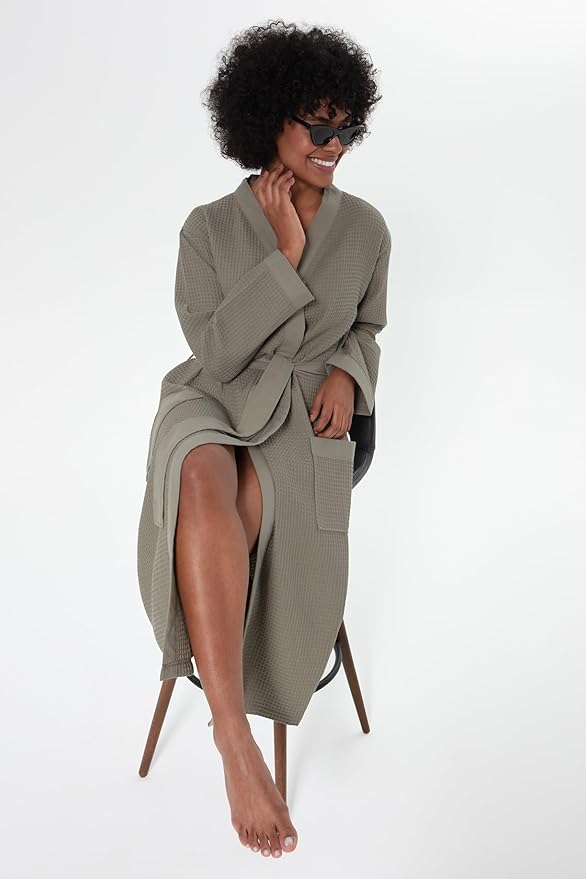 Women’s Luxury Waffle Shawl Collar, Hooded Robe w Piping – Lightweight, Long, Ultra Soft Spa Sleepwear Bathrobe