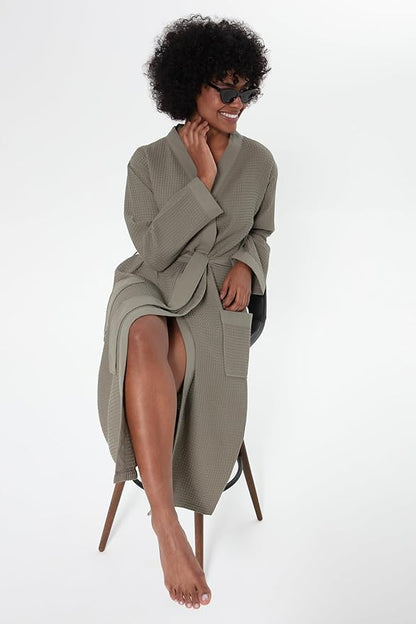 Women’s Luxury Waffle Shawl Collar, Hooded Robe w Piping – Lightweight, Long, Ultra Soft Spa Sleepwear Bathrobe