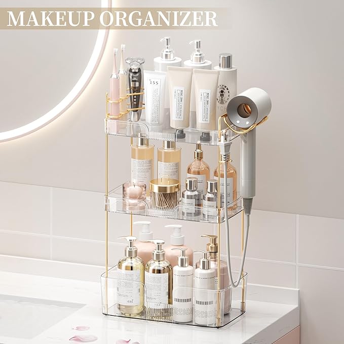 Bathroom Counter Organizer with Hair Dryer Holder, Hair Tool Countertop Storage, Cosmetics Skincare Shelf Organizer, Makeup Organizer Perfume for Dresser Vanity Tray(3 Tier-White)