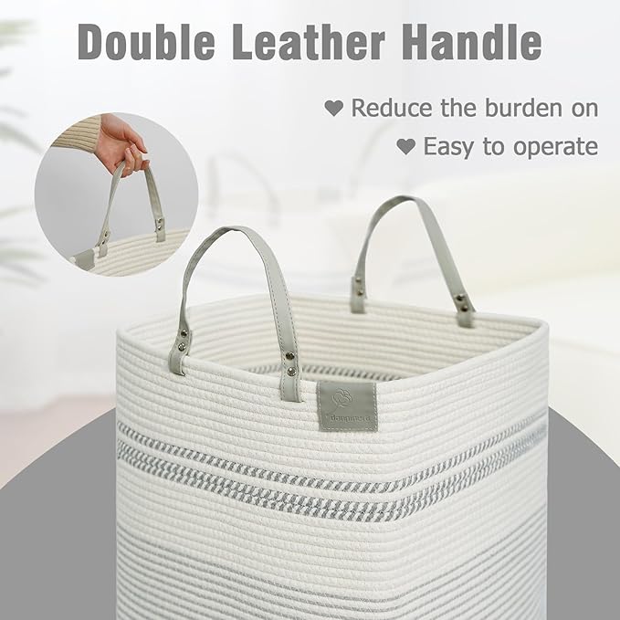 danpinera 75L Woven Laundry Hamper with Long Leather Handles, Baby Laundry Basket for Nursery, Tall Hampers for Bedroom Aesthetic, Decorative Clothes Storage Basket for Family White & Gray
