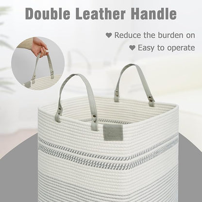 danpinera 75L Woven Laundry Hamper with Long Leather Handles, Baby Laundry Basket for Nursery, Tall Hampers for Bedroom Aesthetic, Decorative Clothes Storage Basket for Family White & Gray