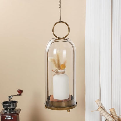 16" High Versatile Modern Metal Hurricane Lantern with Handmade Sturdy Glass Dome for Pillar Candle & Plants (Brass, 6.3"x16.5")