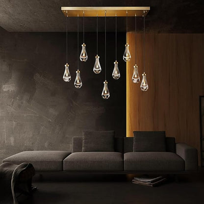 Raindrop 9-Light Chandeliers for Dining Room Gold Dining Room Lights Fixture Over Table, Brass Pendant Lights Kitchen Island, Adjustable Rope Teardrop Hanging Lamp Ceiling for Living Room