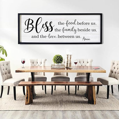 Bless the Food Before Us, the Family Beside Us, and the Love between us Framed Wall Art for Dining Room, 40''×15'' Holy Positive Religious Rustic Bible Verse for Christian God Jesus Christ Prayer