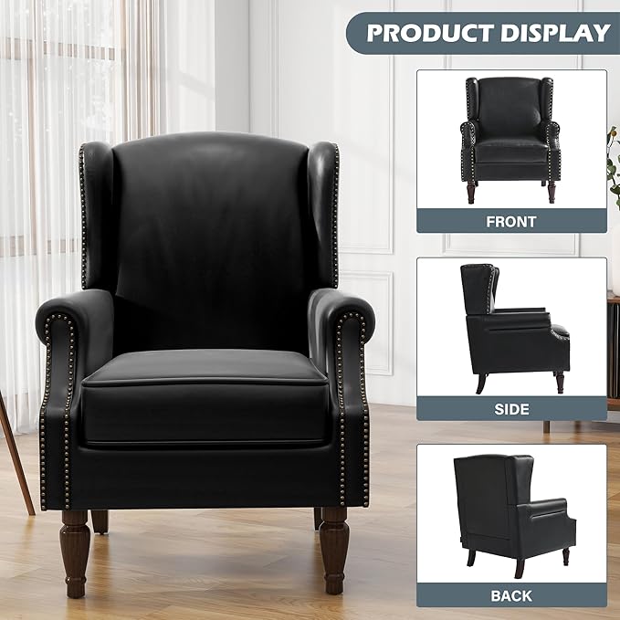 UIXE PU Leather High Back Accent Chair, Upholstered Armchair for Living Room, Retro Wingback Arm Chair Nailhead Trim Single Sofa Bedroom Reading Seat with Solid Wood Legs - Black