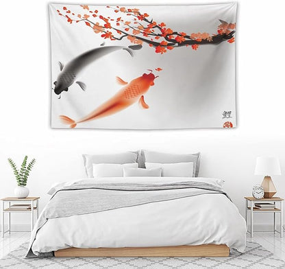 Japanese Koi Fish Tapestry, Cherry Blossoms Asian Oriental Flower Branch Koi Fish Carp Tapestries Wall Hanging for Bedroom Living Room Office Decor 60"x40"
