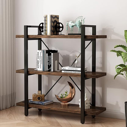 3 Tier Bookshelf Modern Rustic Open Bookshelf Office Solid Wood Bookcase and Book Shelves Wood and Metal Shelving Unit,Distressed Brown (AY-02-3Tier)