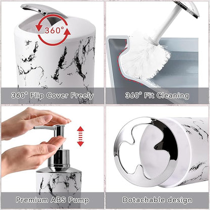 White Marble Bathroom Accessories Set, White Bathroom Set with Trash Can, Vanity Tray, Soap Dispenser, Soap Dish, Toothbrush Holder, Toothbrush Cup, Toilet Brush and Qtip Holders for Bathroom