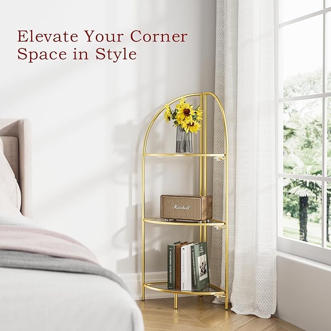 Crofy Foldable 3 Tier Corner Shelf, Metal Corner Plant Stand with Gold Frame and Transparent Shelves, Corner Display Rack Multipurpose Shelving Unit for Living Room, Bedroom, Bathroom