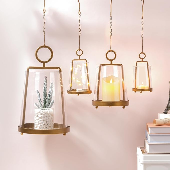 6" Wide Modern Farmhouse Metal Hurricane Candle Holder with Handmade Sturdy Glass Sleeve in Antique Brass for Pillar Candle & Plants, Hurricane Lantern, Industrial, Minimalistic (1, Brass, 6"x10")