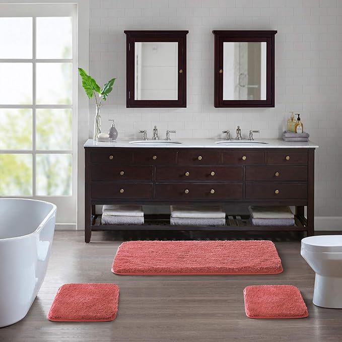 Suchtale Large Extra Soft Shaggy Bath Mat - Microfiber Bath Mat Absorbent Machine Washable Non Slip Rubber Back (24 x 60 Living Coral)