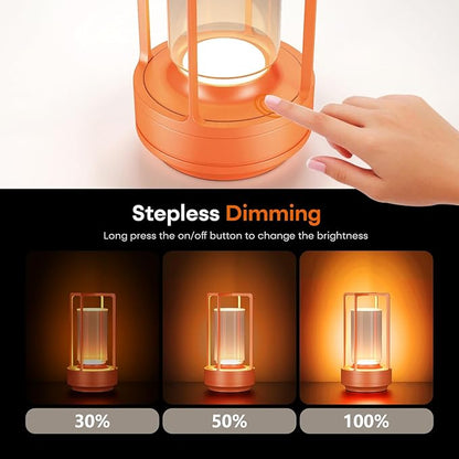 Portable Metal Table Lamp for Indoor/Outdoor ,Rechargeable Cordless LED Lamp, 3-Colour Infinitely Dimming Battery Powered Small Desk Lamp, Restaurant/Bedroom/Bar/Coffee/Camping Light (Orange set of 2)