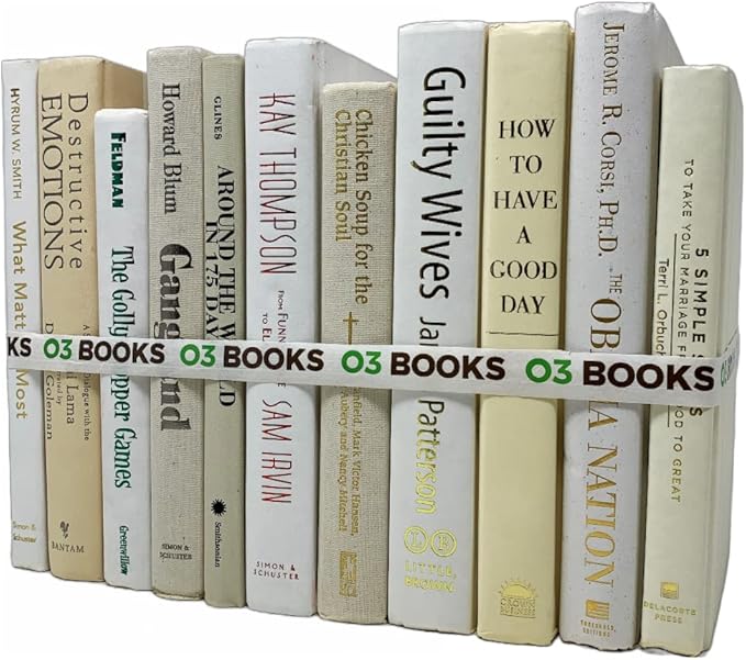 Curated Decorative Books Hardcover Décor Books for Home Décor, Choose Color, Interior Design, Office, Wedding Display, Instant Library, or Staging (One Foot, White/Creme)