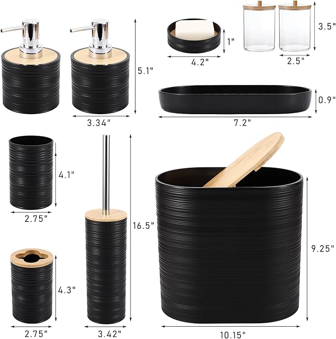 Black Bathroom Set, Black Bathroom Accessories Set with Trash Can, 2PCS Soap Dispensers, Soap Dish, Toothbrush Holder, Toothbrush Cup,Toilet Brush, Tray and Qtip Holders for Bathroom Decor