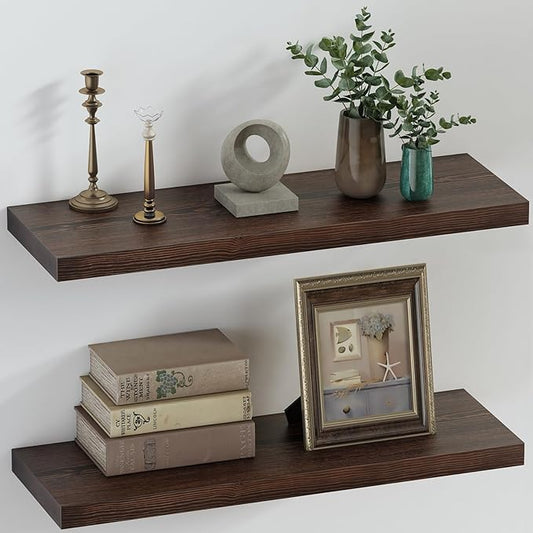 SAUMONIERES Floating Shelves 8 Inch Deep Solid Wood Wide Wall Shelf Set of 2 Wall Mounted for Bedroom Bathroom Living Room Kitchen, 24 Inch Walnut