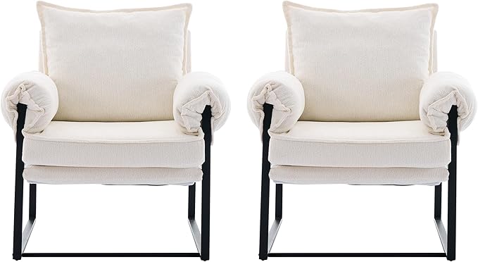 YISHENG Accent Chair with 6-Angle Adjustable Backrest, Chenille Fabric Living Room Chair Upholstered Lounge Chair, Modern Chair Cozy Reclining Chair for Reading Room, Set of 2 White