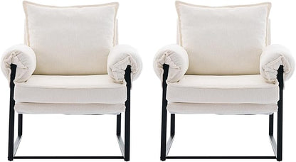 YISHENG Accent Chair with 6-Angle Adjustable Backrest, Chenille Fabric Living Room Chair Upholstered Lounge Chair, Modern Chair Cozy Reclining Chair for Reading Room, Set of 2 White