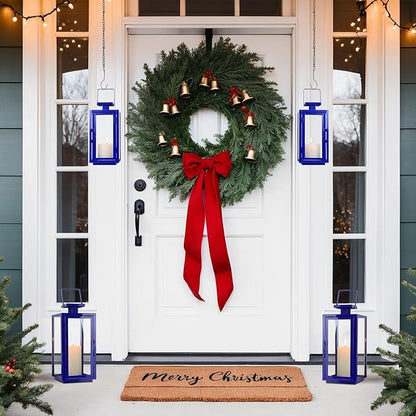 DECORKEY Lantern Decorative Outdoor&Indoor, 17''&13'' Set of 2 Blue Metal Candle Lanterns Decor, Modern Hanging/Tabletop Candle Holders for Home Porch Patio Wedding Christmas Fall Decorations