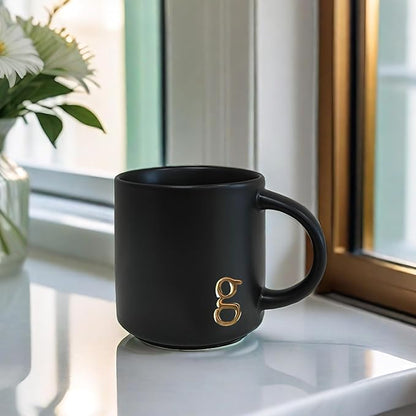 COLLECTIVE HOME - Black Monogram Ceramic Mugs, 15 oz Golden Initial Coffee Cups, Elegant Alphabet Tea Mugs, Personalized Halloween Mug with Gift Box, Perfect for Office and Home Décor (g)