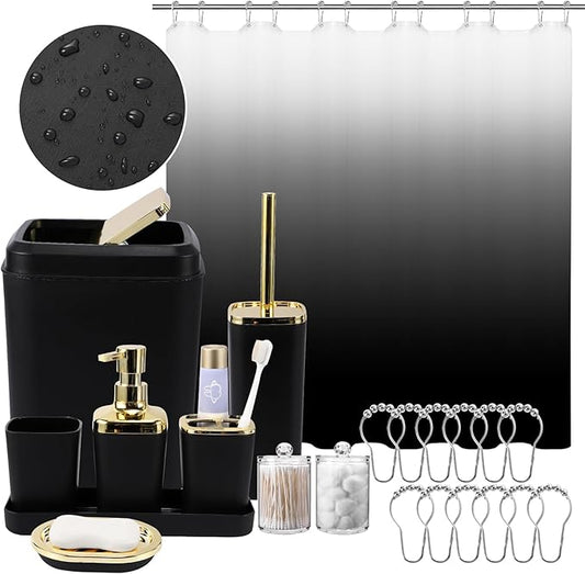 Bathroom Set - 22PC Black Bathroom Accessories Sets Complete with Black Ombre Shower Curtain,Trash Can,Toothbrush Holder,Toothbrush Cup,Soap Dispenser,Soap Dish,Toilet Brush,Tray,Qtip Holders
