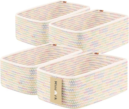 Small Storage Baskets for Organizing | Closet Organizer Bins | Shelf Toy Basket | Woven Rope Baskets | Cube Decorative Box | Shallow Basket | 11.5x7.5x4.7” | 4 Packs Rainbow