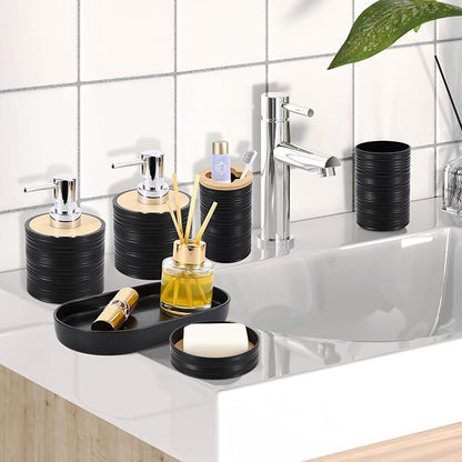 Black Bathroom Set, Black Bathroom Accessories Set with Trash Can, 2PCS Soap Dispensers, Soap Dish, Toothbrush Holder, Toothbrush Cup,Toilet Brush, Tray and Qtip Holders for Bathroom Decor