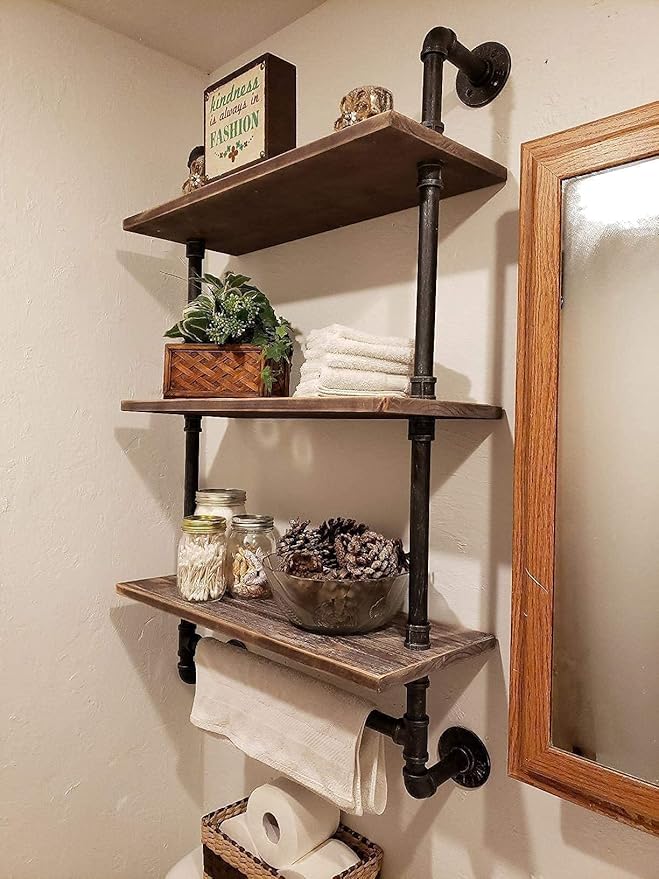 DR.IRON Industrial Pipe Shelving Rustic Bathroom Shelves with Towel Bar, 24" Pipe Shelf Wall Mounted, Farmhouse Bathroom Shelf Storage (3 tier-24)