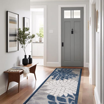 Beverly Rug Outdoor Runner Rug 2x7 Modern Floral Tropical Area Rugs for Indoor and Outdoor Patio Easy to Clean Non Shedding Living Room Porch Garden Washable Outside Carpet (2 x 7 Blue)