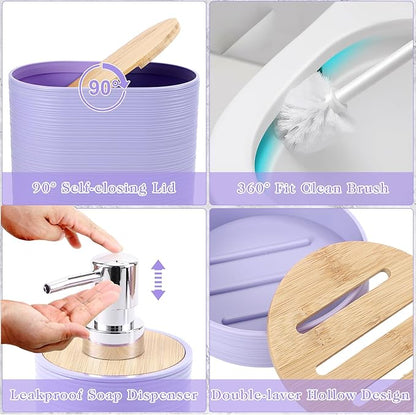 Purple Bathroom Set, Purple Bathroom Accessories Set with Trash Can, 2PCS Soap Dispensers, Soap Dish, Toothbrush Holder, Toothbrush Cup,Toilet Brush, Tray and Qtip Holders for Bathroom Decor
