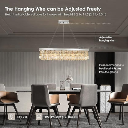 Siljoy Modern Rectangular Crystal Chandeliers 8 Lights Rectangle Raindrop Pendant Ceiling Light Fixture for Kitchen Island Dining Room, Adjustable Height, Polished Chrome Finish, L40 x W10 x H10