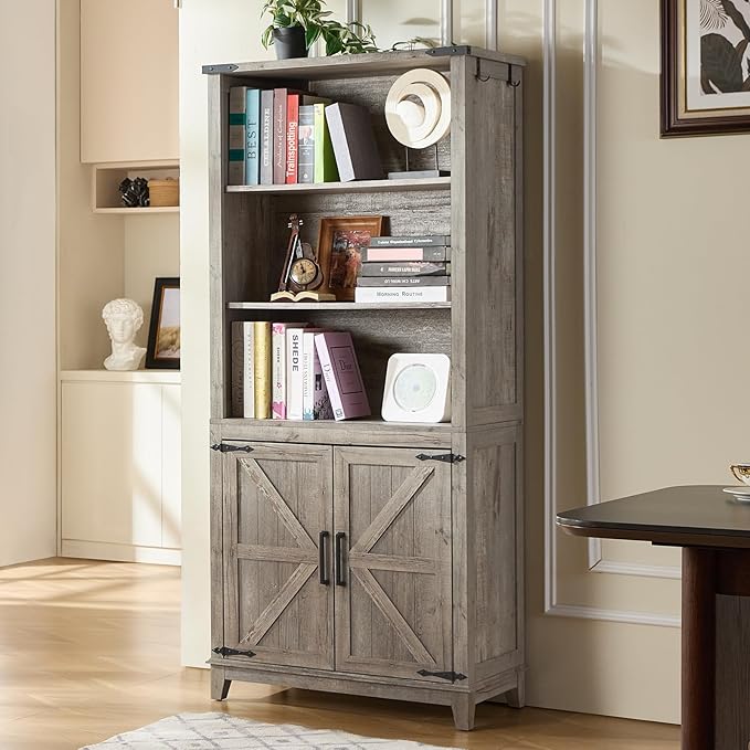 5 Tier Bookshelf 70in Tall Bookcase with Barn Doors and Storage Cabinet, Grey Farmhouse Book Shelf with Adjustable Shelves, Wood Freestanding Display Bookshelves for Bedroom, Kitchen (3PCS)