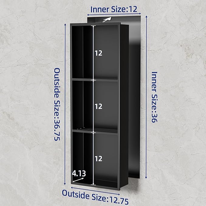 36x12 Inch No Tile Needed Shower Niche - 304 Stainless Steel Niche Shower with 3- Tier Shelves Recessed Wall Niches for Bathroom Storage,Matte Black