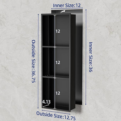 36x12 Inch No Tile Needed Shower Niche - 304 Stainless Steel Niche Shower with 3- Tier Shelves Recessed Wall Niches for Bathroom Storage,Matte Black