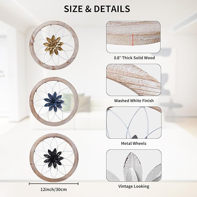 Paquesta 3 Piece Round Farmhouse Wall Decor with 6 Piece Interchangeable Flowers 12'' Medallion Wood & Metal Rustic Wall Art for Living Room Bedroom Kitchen Bathroom Dining Room Home Decorations