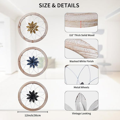 Paquesta 3 Piece Round Farmhouse Wall Decor with 6 Piece Interchangeable Flowers 12'' Medallion Wood & Metal Rustic Wall Art for Living Room Bedroom Kitchen Bathroom Dining Room Home Decorations