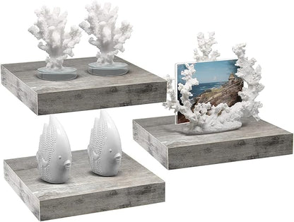Sorbus Square Floating Shelf for Wall - 3 Small Shelves with Invisible Mounting Brackets for Living Room Decor, Bedroom, Bathroom Decor, Kitchen - 9" Rustic Grey Wall Shelf to Display Photos Trophies