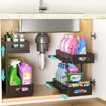 Under Sink Organizer, 2-Pack of 2-Tier Metal Slide Out Pull Out Cabinet Organizer Shelf, Height Adjustable Organization and Storage Series, Bathroom/Desktop/Cabinet/Kitchen Organization, Black