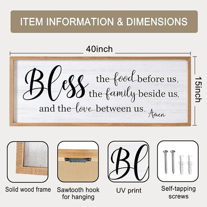 Bless the Food Before Us, the Family Beside Us, and the Love between us Framed Wall Art for Dining Room, 40''×15'' Holy Positive Religious Rustic Bible Verse for Christian God Jesus Christ Prayer