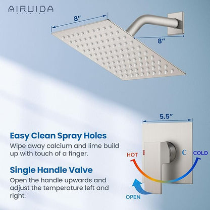 Airuida Shower Faucet Set Bathroom Rain Shower System SUS304 Stainless Steel Single Handle With Male Threads Rough-in Valve Shower Trim Kit 8 Inch Wall Mount Shower Head Brushed Nickel