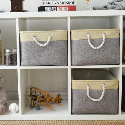 TheWarmHome Storage Bins Baskets for Organizing - Extra Jumbo 3 Pack 20.5Lx15.7Wx13.8H Sturdy Fabric Storage Basket for Shelves, Decorative Foldable Closet Nursery Toy (Gold&Grey)